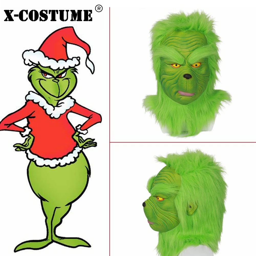 X COSTUME Grinch Christmas Mask Cosplay Props Green Latex Full Head Helmet Halloween Party Accessory