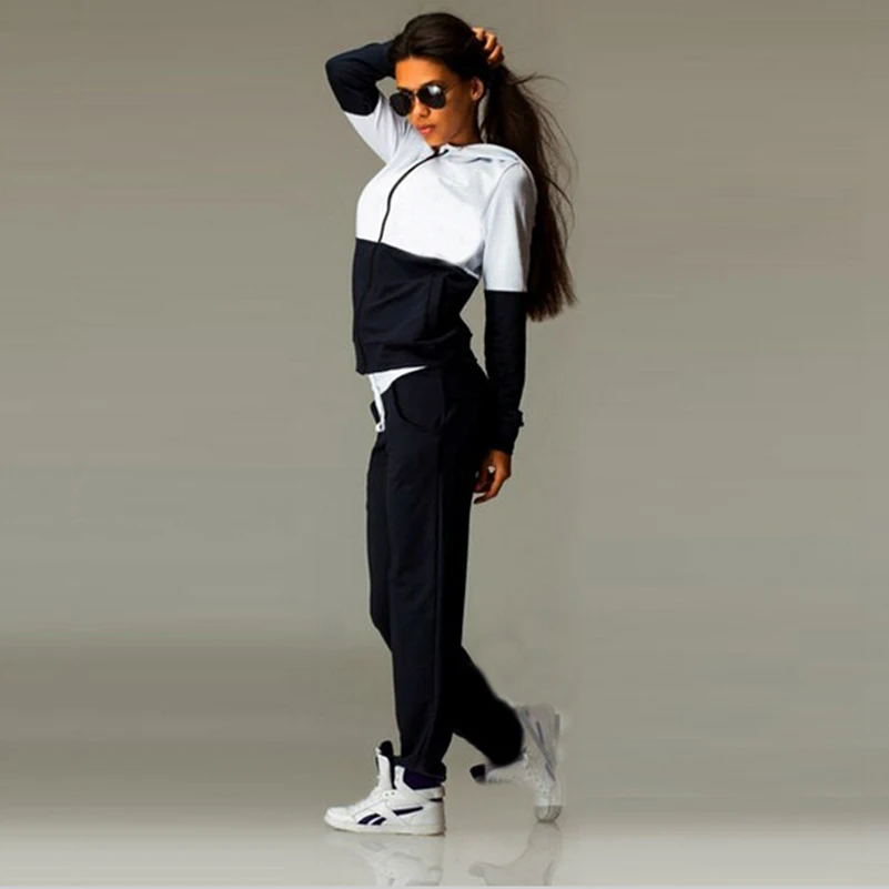 

Hooded Patchwork 2 Two Piece Set Top and Pants Women Zipper Tracksuit Cotton Sportwear Slim Hoodies Sweatshirt Autumn Pants -N