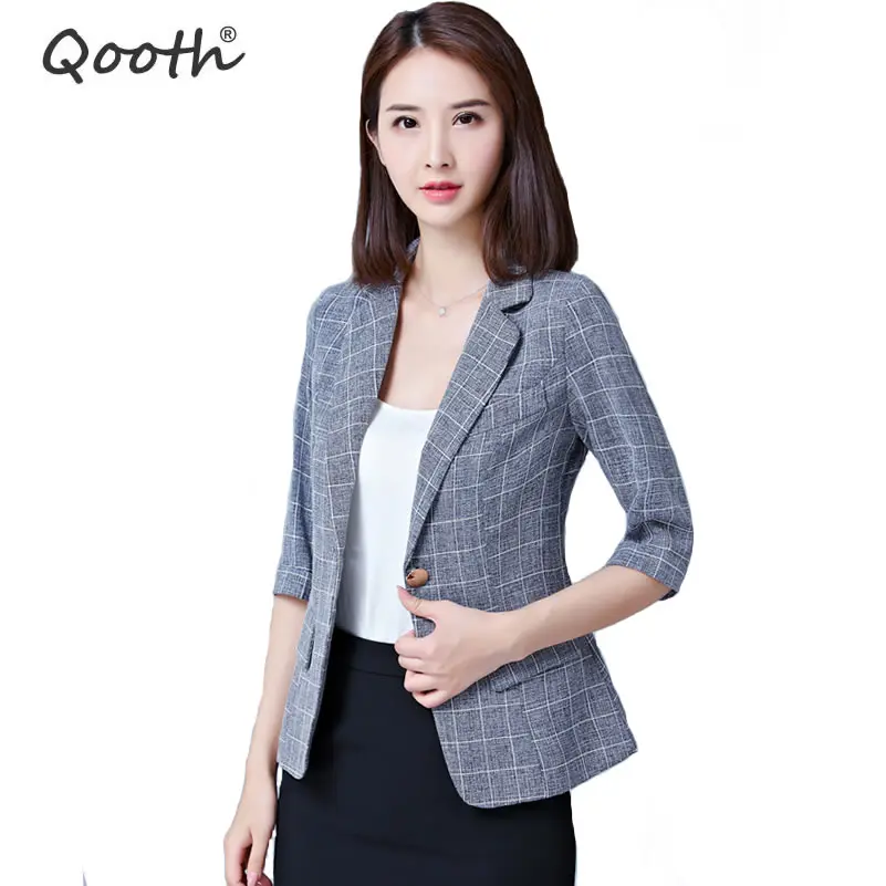 

Qooth Women Plaid Blazers and Jackets Suit Ladies 3/4 Sleeve Work Wear Blazer Plus Size Casual Female Outerwear OL Coat QH1036