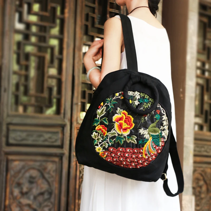 ETAILL Flower Animal Peacock Embroidered Backpacks for Girls Female Embroidery Travel Bags Schoolbag Backpacks Rucksack Mochila