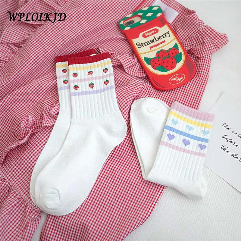 [WPLOIKJD] Харадзюку милые белые креативные носки с сердечком/клубничной кучей женские японские носки Skarpetki Calcetines Meias