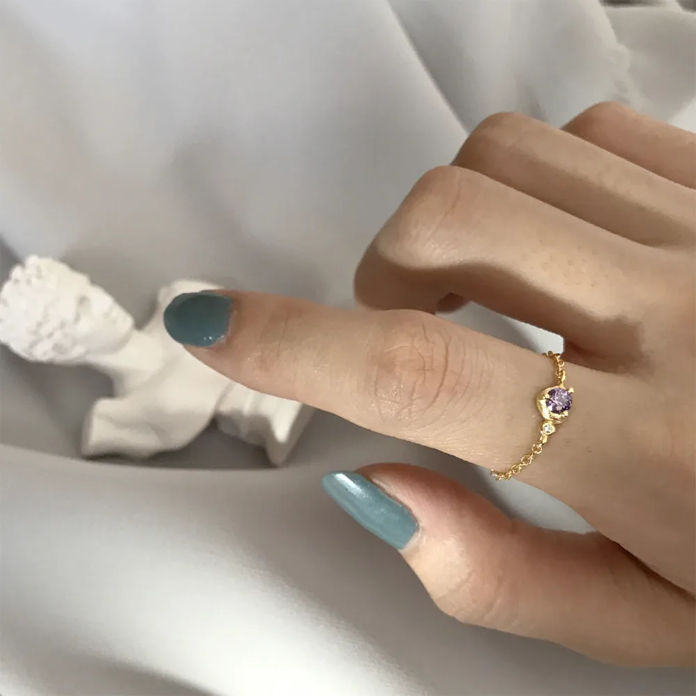 Кольцо из стерлингового серебра 925 пробы с цирконом Золотое модное милое кольцо-цепочка в форме сердца Трендовое женское серебряное ювелирное изделие ручной работы