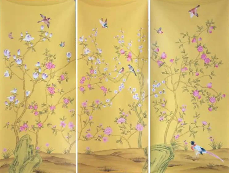 

Classic style elegant Hand-painted silk wallpaper painting flowers with birds wallcovering many patterns and background optional