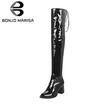 BONJOMARISA/женские брендовые ботфорты выше колена из лакированной искусственной кожи размера плюс 33-48 женская зимняя обувь для вечеринок на высоком каблуке