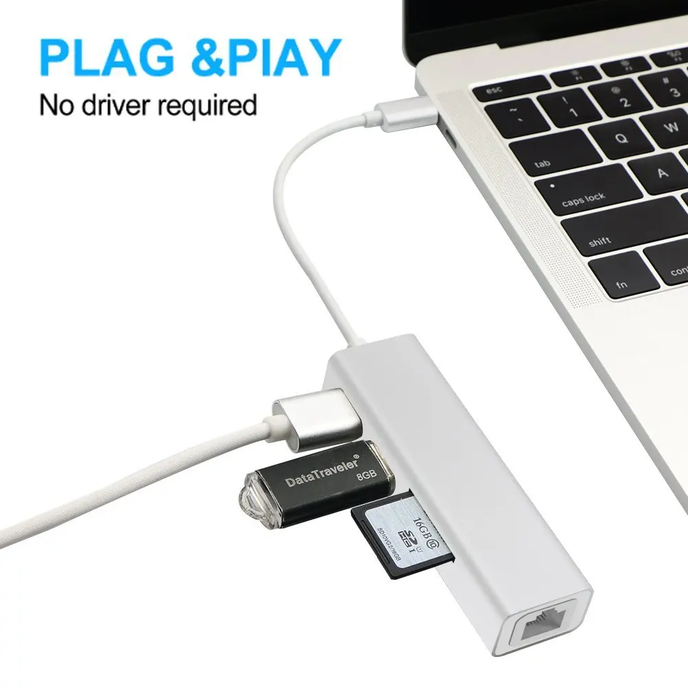 USB C концентратор, leadzoe Тип C адаптер с 2 USB 3,0 концентратор Splitter Порты и SD Card Reader и rj45 Gigabit Ethernet сеть конвертер