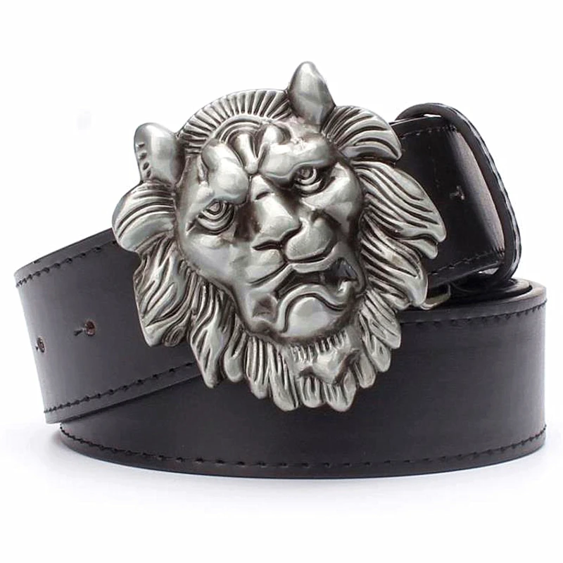 Cool Men's belt big lion head metal buckle Golden lion head belt punk