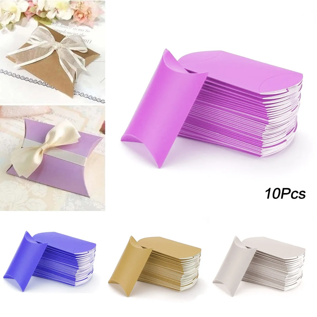 

10PCS Pillow Shape Box Candy Box Gift Box for Wedding Party Favor Decor Paperboard PVC Brown