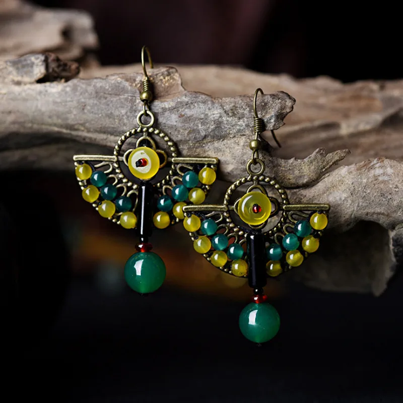 Yanting Ethnic Earrings Natural Colorful Stone Earings Fashion Jewelry Vintage Peacock Feather Handmade Earrings For Women 005