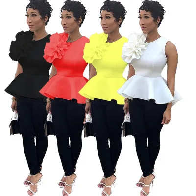 

Women's Vintage Ruffle Hem Slim Fit Round Neck Tee Tops Sleeveless T-shirts Camisetas Mujer