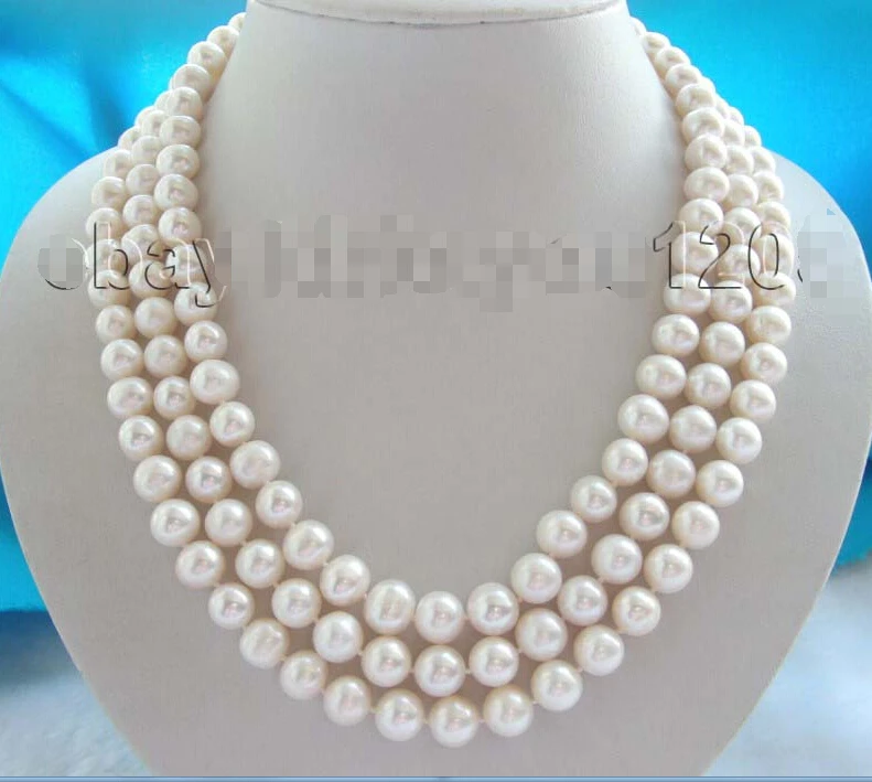 

A 3rows Natural 10mm White Round Pearl Necklace 14KGP