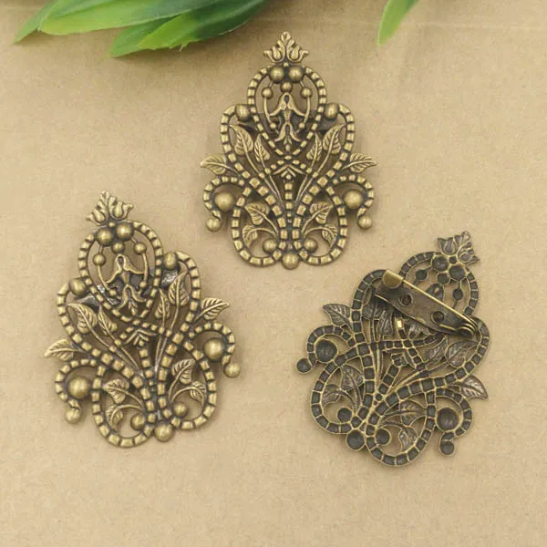 Retro Brooch Bases Pin Back 48*35mm Filigree Flower Settings Blanks