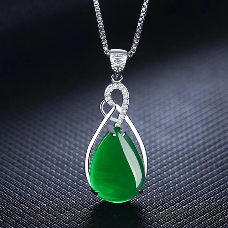 

TJP Top Quality Female Silver 925 Clavicle Necklace Jewelry Fashion Crystal Green Water Drop Pendant Necklace For Women Bijou