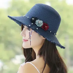 Модная женская летняя соломенная шляпа от солнца для Для женщин розовый открытый Бич Curl Брим девушки флоппи Fedora с бантом УФ-защиты шапки B-8102