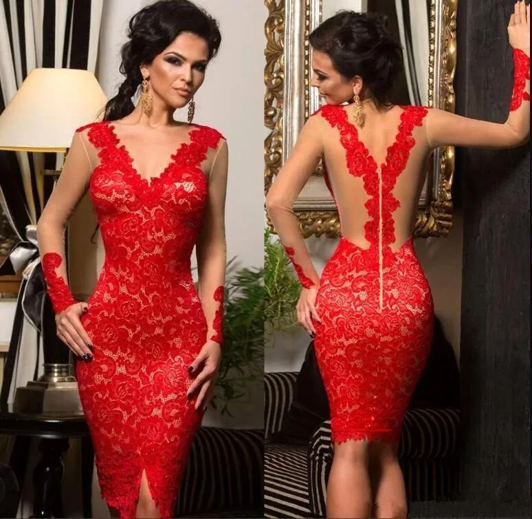 Красные коктейльные платья, элегантное платье с глубоким v-образным вырезом и длинными рукавами с кружевом длиной выше колена - Цвет: same as the photos