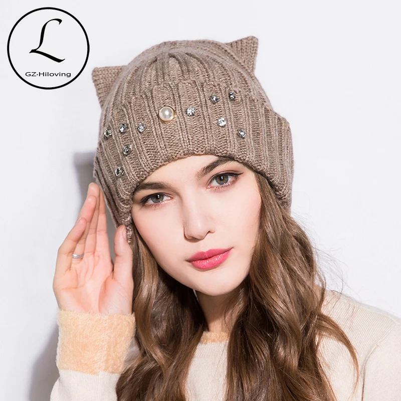 

GZHILOVINGL New Warm Woman Girls Winter Beanies Knitted Hat With Cat Ears Pearls Hats Wool Hip Hop Beanies For Ladies Bonnet Cap