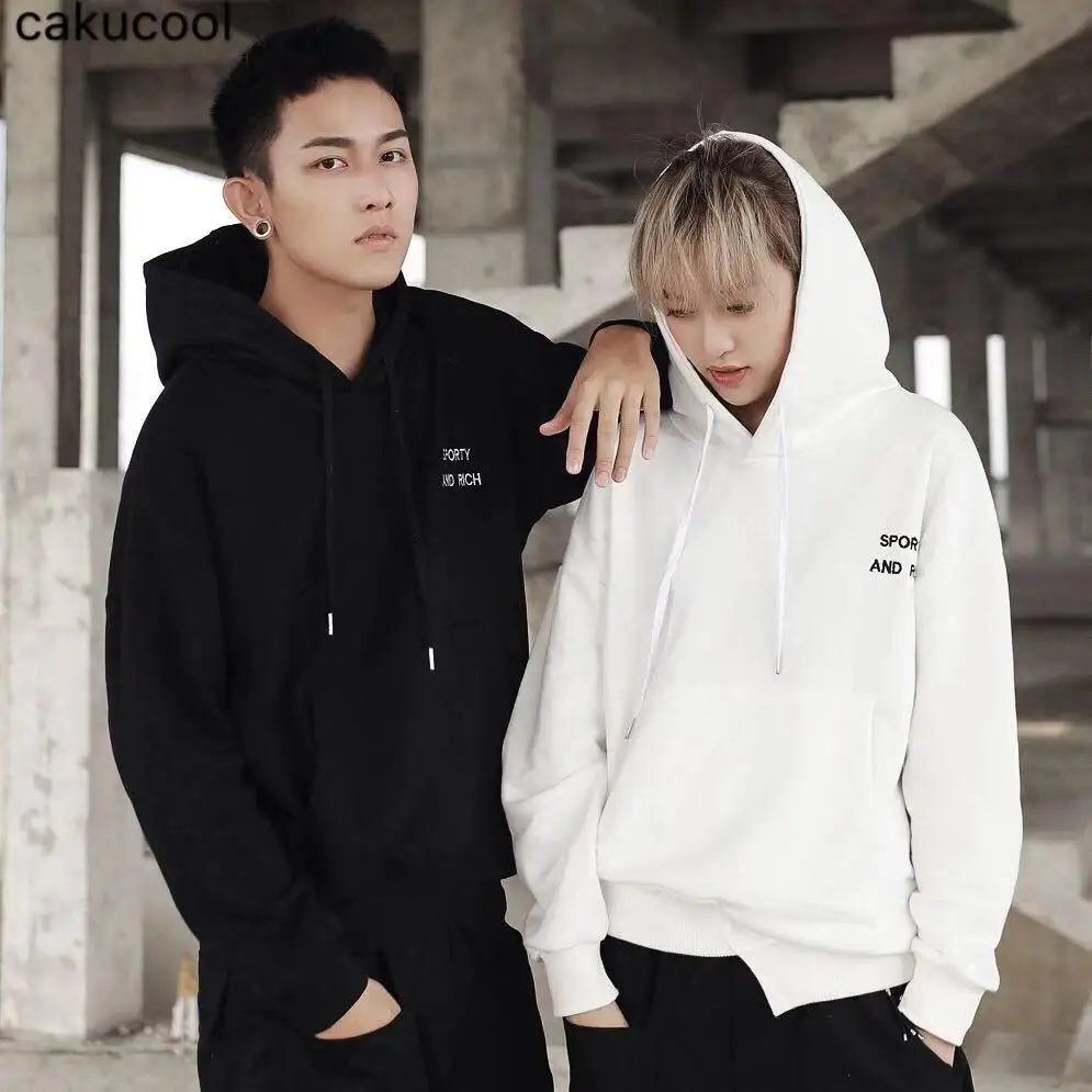 

Cakucool 2019 spring simple letter embroidery sweater men and women couple hooded black and white loose pullover shirt