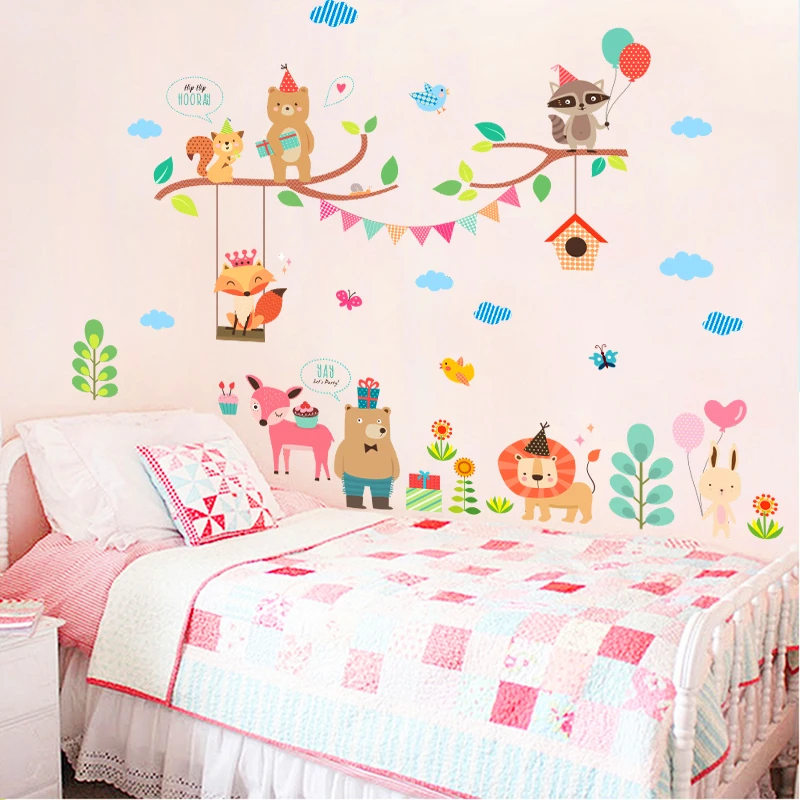 % lovely bear lion deer fox rabbit branch wall stickers kids rooms decor cartoon animals wall decals art diy posters pvc mural
