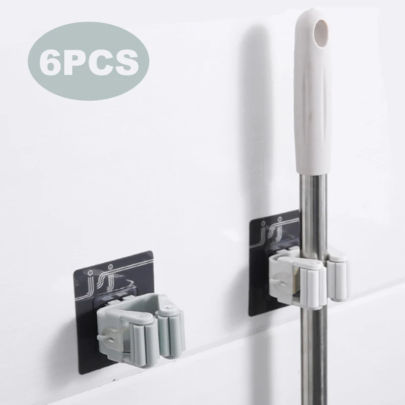 

6PCS Mop Holder Broom Mop Holder Self Adhesive Wall Mount Tools Storage Organizer for Kitchen and Bathroom