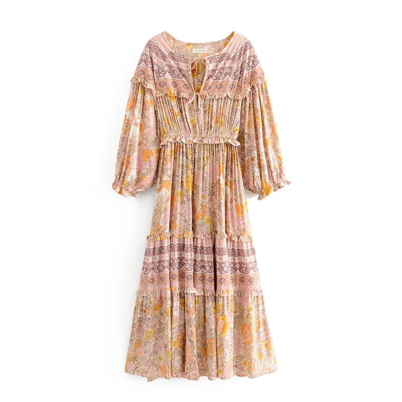 

2019 Boho Chic Sun Dress Women Summer Maxi Dress Beach Gown Gypsy Print Elastic Waist Bohemia Summer Beach Party Dresses