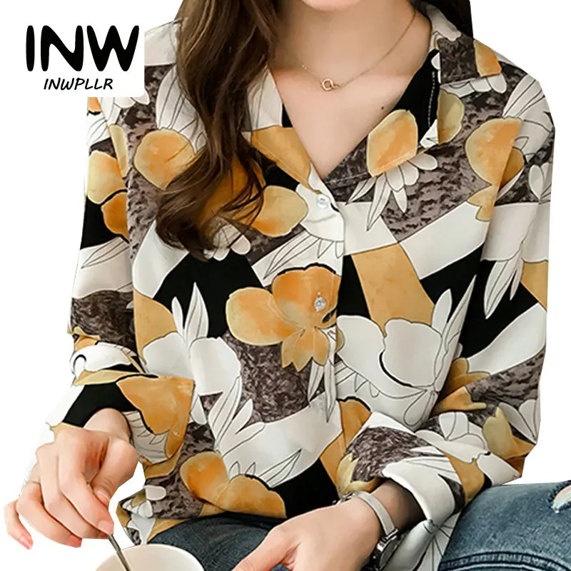 

2019 Vintage Print Shirt Femme Plus Size Tops Autumn Women Blouses V-neck Long Sleeve Chiffon Blusas Mujer Chic Chemise Femme