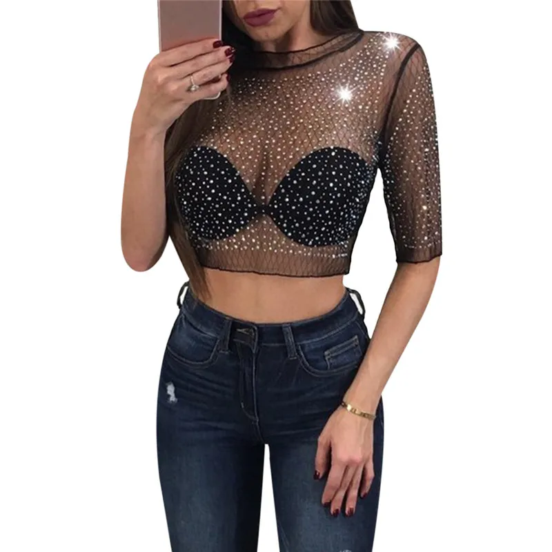 

Sheer Mesh Ladies Transparent Cropped Tops Shiny Rhinestone Womens Sexy Blouse Femme Half Sleeve Ladies Causal Shirts Femme