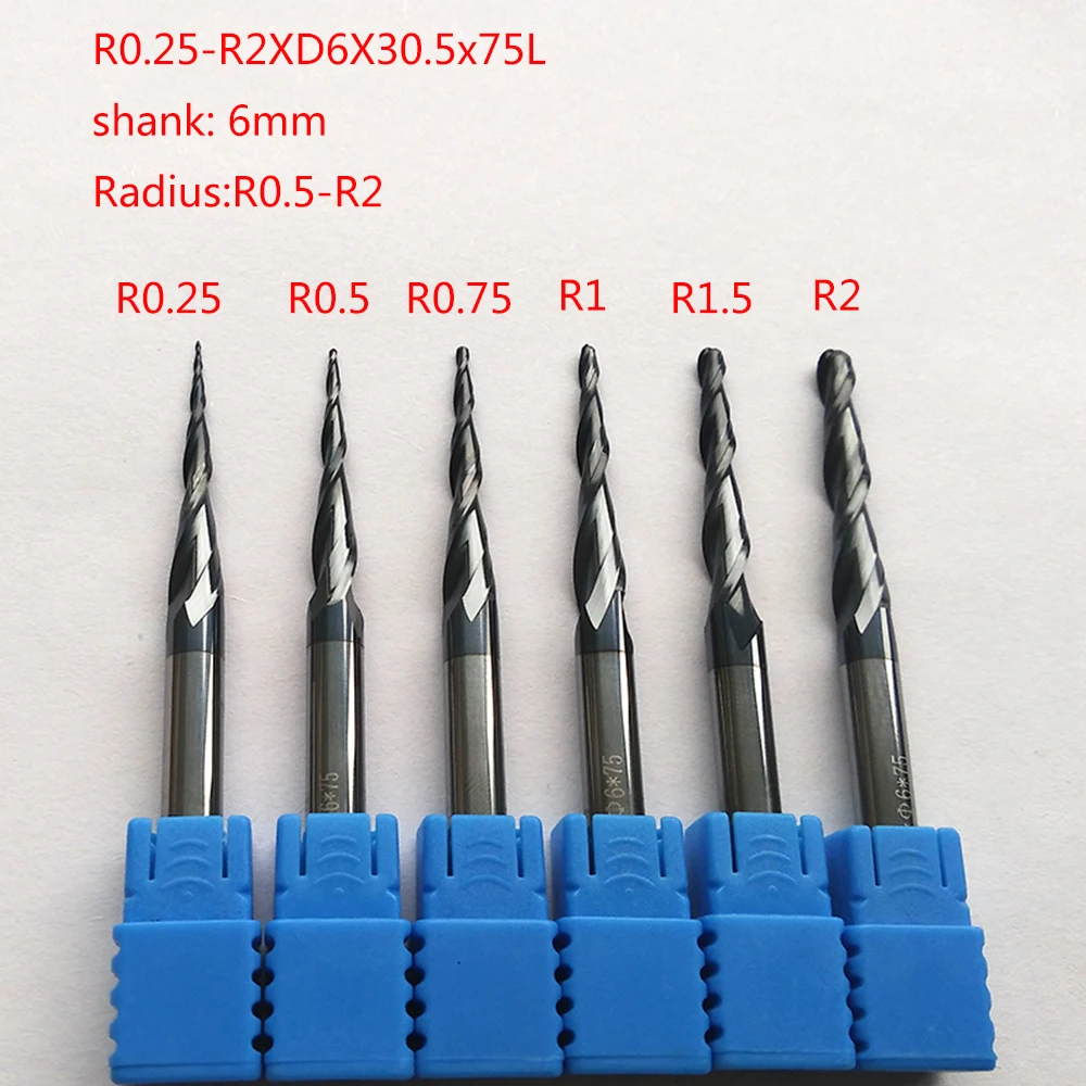 2 шт./лот R0.25/R0.5/R0.75/R1/R1.5/R2x30.5xD6x75 6 мм Экстра удлиненные твердосплавные конические Фрезы с ЧПУ гравировальные фрезы