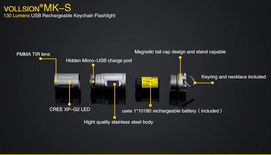 VOLLSION MK-S переносной мини светодиодный брелок USB Перезаряжаемые Цепочки и ожерелья фонарик Нержавеющая сталь CREE XP-G2 светодиодный Micro-USB зарядки