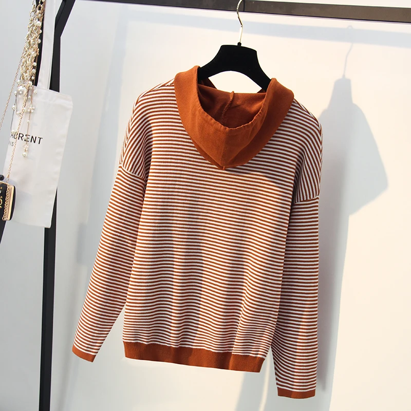 LANTIN'S 2018 FALL WINTER SWEATERS WITH WOVEN HOODED stay cord . TAPE LADIES WOMAN STRIPED LINE PULLOVER DROP SHOULDER. X227