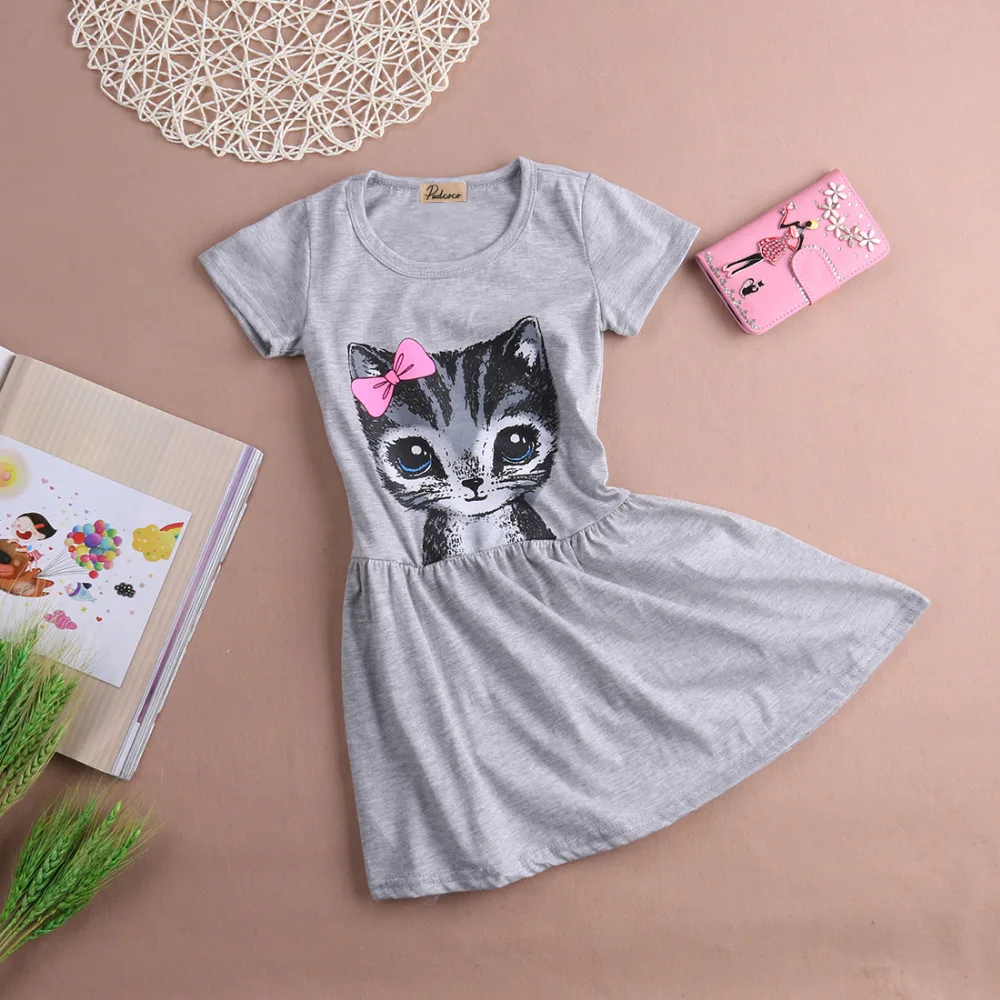 Hot Sale New 2017 summer girl dress cat print grey baby girl dress children clothing children dress 0-8years kids dresses цена Hot Sale New 2017 summer girl dress cat print grey baby girl dress children clothing children dress 0-8years kids dresses цены онлайн