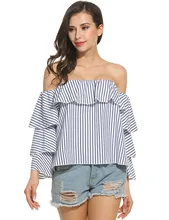 2017 New Women Pleated Slash Neck Cotton Blend Long Sleeve Shirt Ladies Off Shoulder Stripe Shirt