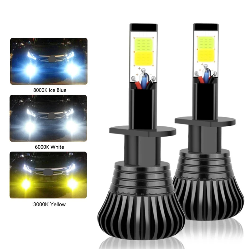 Pair COB H1 H4 H7 9006 Driving 8000K Ice Blue 6000K White 3000K Amber Yellow Car