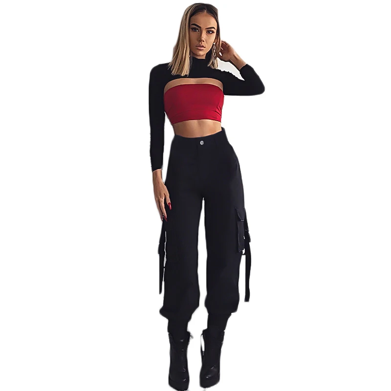 

Cargo Pants Women New Streamers Bag Buckle Casual Pants Female Harem Pants Overalls Joggers Women Pantalones Mujer Cintura Alta