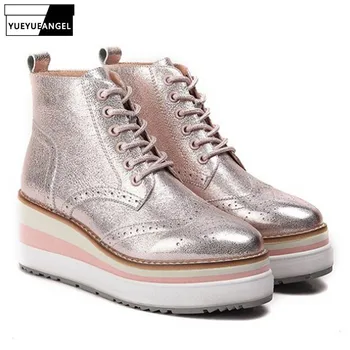 

Brand Women Fleece Lining High Top Platform Shoes High Heels Wedges Genuine Leather Casual Lace Up Sneakers Increasing Shoes