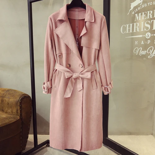 Новинка, модный Тренч из искусственной замши, однобортный Тренч средней длины, женское тонкое повседневное однотонное пальто высокого качества с поясом - Цвет: pink