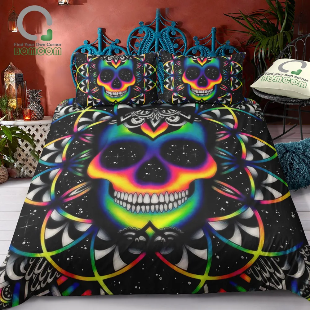 

BOMCOM 3D Digital Printing Skull Bedding Cosmos Mandala Fantasy Space Psychedelic Colorful Skull Duvet Cover Set 100% Microfiber