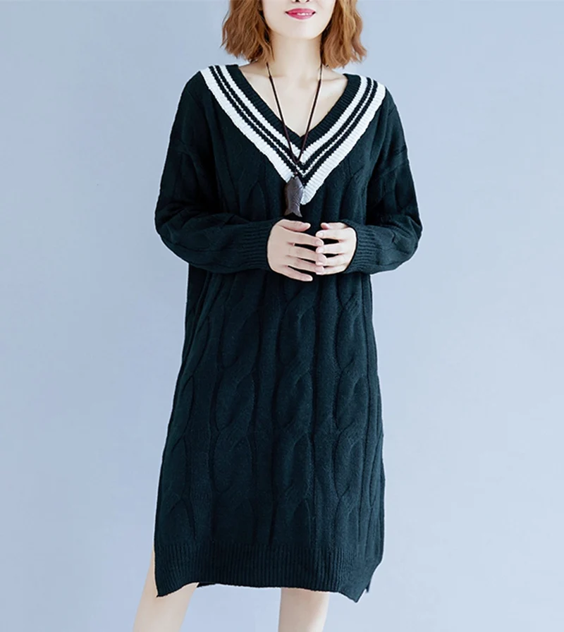 2018 New Autumn Knitted Sweater for Woman Plus Size Loose Striped V-neck Long Sweater Black Pink MMHH722 2018 New Autumn Knitted Sweater for Woman Plus Size Loose Striped V-neck Long Sweater Black Pink MMHH722