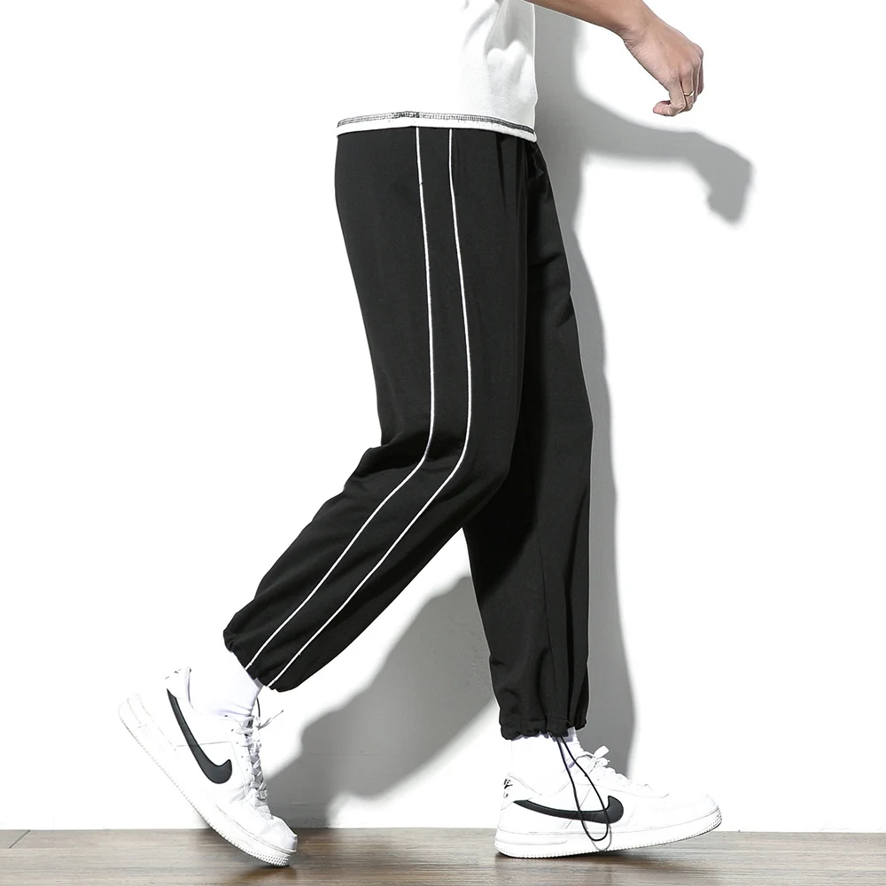 

2018 Summer Concise Casual Preppy Style Ventilate Cotton Man Stripe Drawstring Pockets Flax Nine Part Pants men Leisure M-5XL