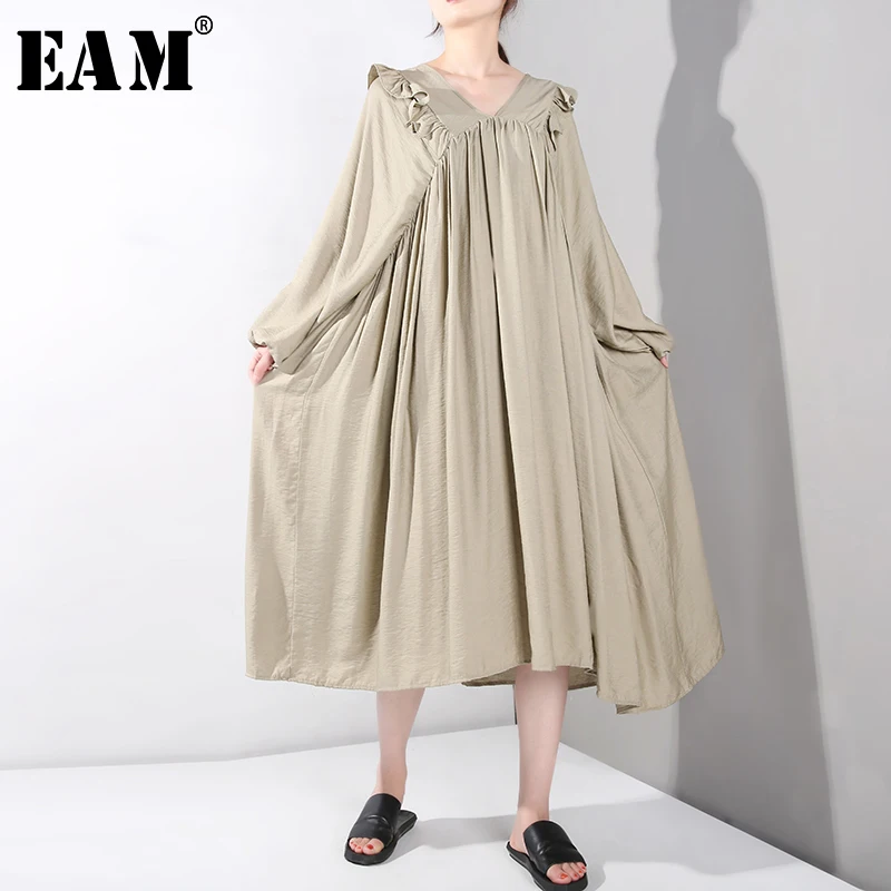 

[EAM] 2019 New Autumn Winter V-Neck Long Sleeve Ruffles Split Joint Loose Long Big Size Long Dress Women Fashion Tide QC062