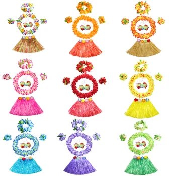 

New Colorful Lei Headband Flower Garland Wristbands Bra Hula Skirts Fancy Dress Costume Set Hawaii Party Favor Wedding