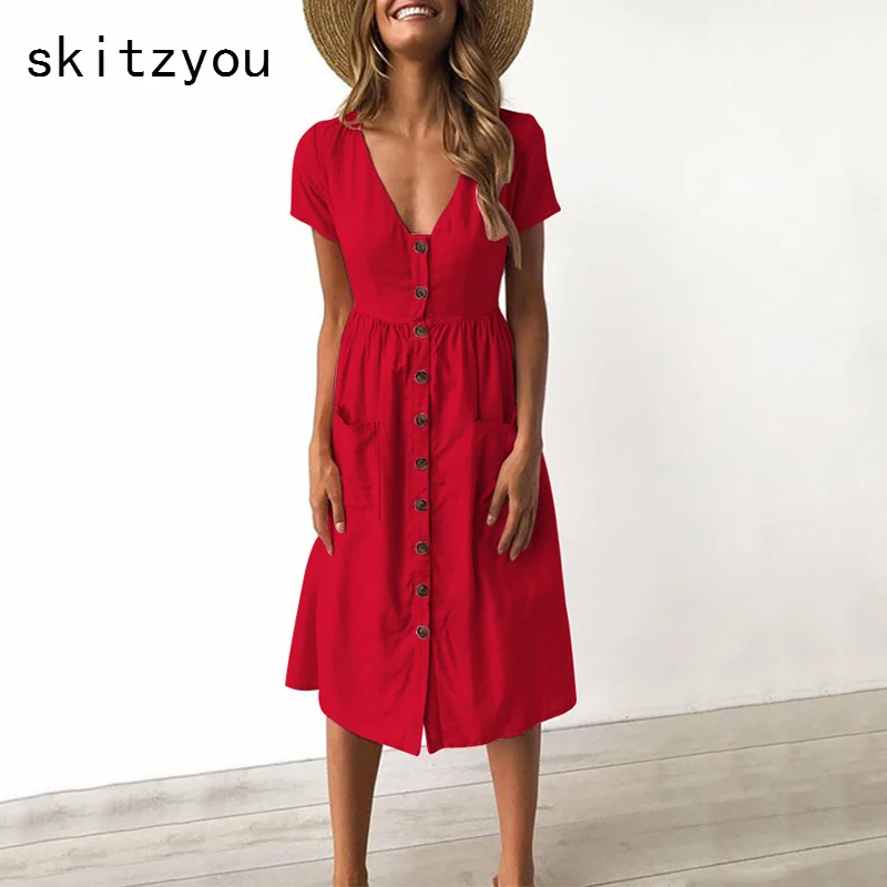 Skitzyou женское летнее красное Повседневное платье с коротким рукавом черное