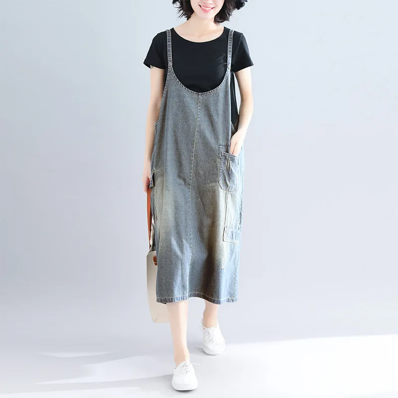 

New Style Casual Cotton Loose Plus Size Pockets Denim Dress Women Spring Summer Denim Women Vintage Dress