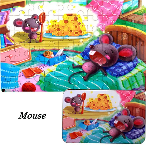 mouse Новейшие Детские игрушки 60 штук деревянные головоломки игрушки с железной коробкой Детские Мультяшные животные Развивающие игрушки для детей Рождественский подарок - Цвет: mouse