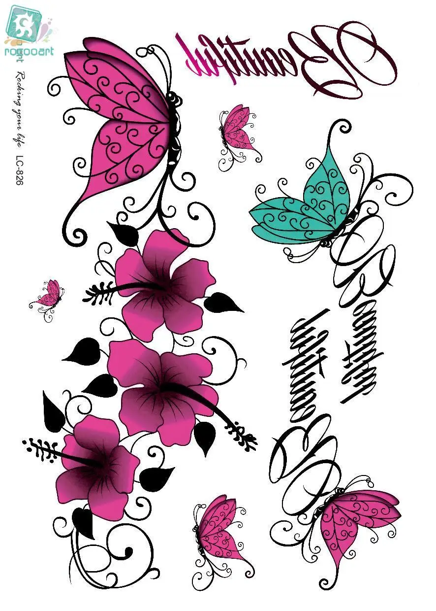 line Get Cheap Colorato Fiore Tatuaggi Aliexpress Rocooart LC2826 21 15 cm Grande Moda Tatoo Adesivo Colorato Farfalla Fiori Lettere Disegno Tatuaggio