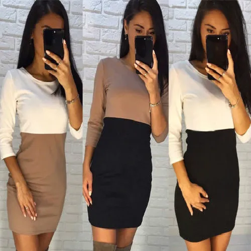 

Women Ladies Sexy O-Neck Solid Contrast Color Three Quarter Sleeve Evening Party Pencil Mini Dress