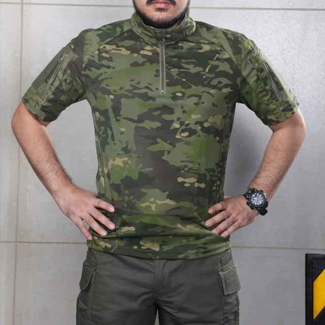 Летний мужской Камуфляжный тактический боевой пуловер с короткими рукавами рубашка занятия спортом на свежем воздухе, охота дышащая быстросохнущая футболка с воротником-стойкой - Цвет: jungle