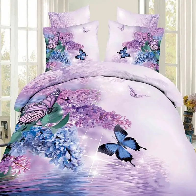 light pink butterfly printed 3D bedding set queen full size Egyptian cotton bedclothes quilt/duvet