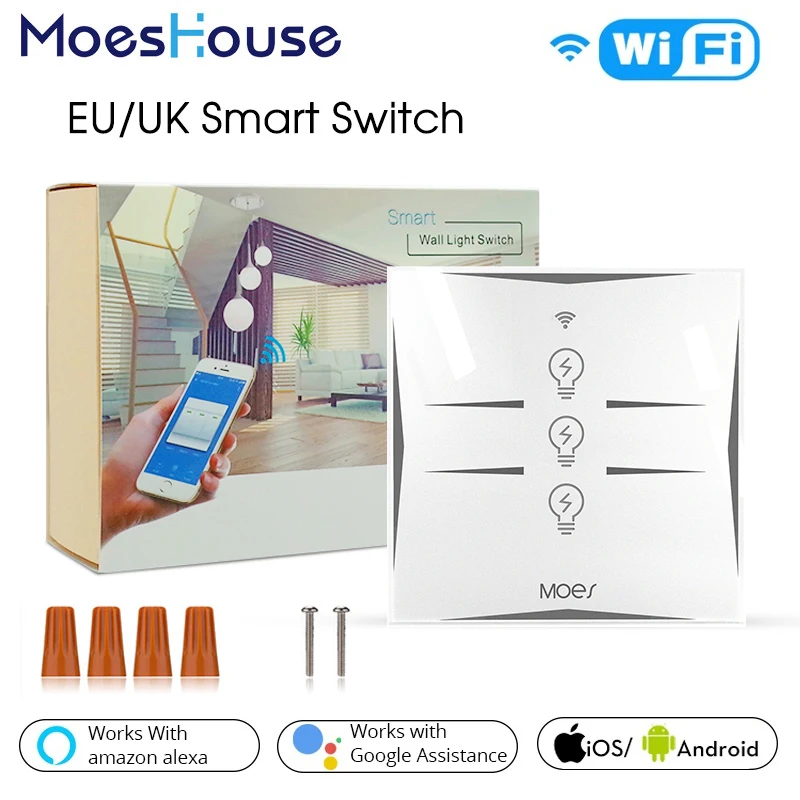 

Wifi Smart Wall Touch Switch EU Power Mobile APP Remote Control Works with Amazon Alexa Google Home 3 Gang No Hub Required
