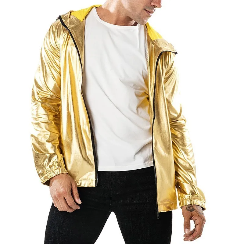 Новинка, Мужская блестящая золотая тонкая куртка, худи, осенняя толстовка, пальто для ночного клуба, хип-хоп, куртка с капюшоном, верхняя одежда - Цвет: Золотой