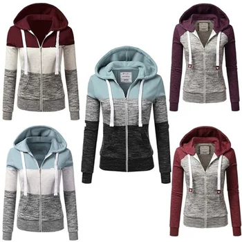 

Women Fashion Plus Size Casual Contrast Color Patchwork Zip-Up Hoodies Unisex Lapel Hooded Long Sleeve Pullovers Jacket Coats