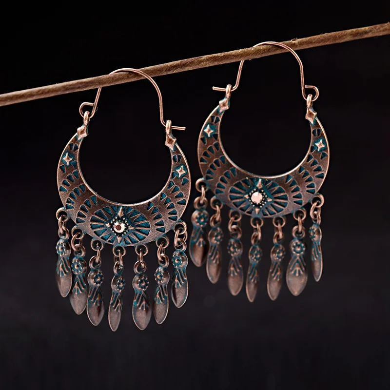 

TopHanqi 2019 Indian Gypsy Jewelry Bohemia Antique Geometric Tassel Drop Earring Ladies Ethnic Metal Dangle Earrings For Women